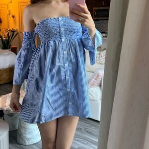 Faithful the Brand NWT Hockney Blue Striped Dress Off-The-Shoulder Tunic Size S